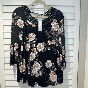 Daniel Rainn Elanie Lattice Trim‎ Knit Top Black Floral Women's 1X Plus New